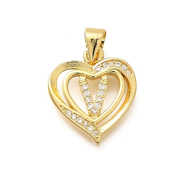 Rack Plating Brass Micro Pave Cubic Zirconia Pendants, Long-Lasting Plated, Lead Free & Cadmium Free,Real 18K Gold Plated, Heart with Letter Charms, Letter V, 17.5x15x2.5mm, Hole: 5x3mm