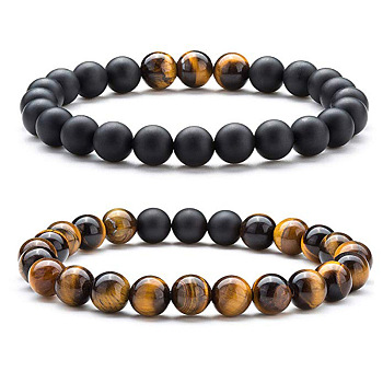 2Pcs 2 Style Natural Tiger Eye & Synthetic Black Stone Round Beaded Stretch Bracelets Set