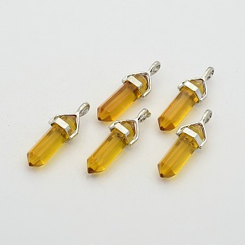 Faceted Bullet Glass Pointed Pendants, with Platinum Plated Brass Findings, Gold, 40x14x10.5mm, Hole: 4x6mm