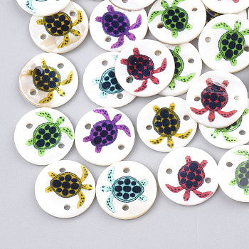 Printed Freshwater Shell Links connectors, Flat Round with Sea Turtle, Mixed Color, 18x2~2.5mm, Hole: 1.6mm