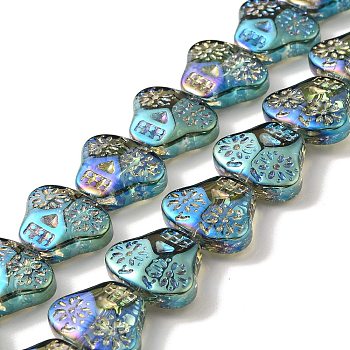 Transparent Electroplate Glass Beads Strands, Rainbow Plated, Skull Head, Dark Cyan, 16x19x7mm, Hole: 1.2mm, about 40pcs/strand, 24.57 inch(62.4cm)