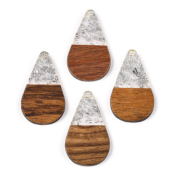 Transparent Resin & Walnut Wood Pendants, with Foil, Teardrop Charm, Silver, 38x22x3mm, Hole: 2mm