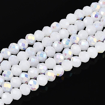 AB Color Plated Opaque Glass Rondelle Beads Strands, Faceted, White, 4.5x3.5mm, Hole: 0.7~1mm, about 108~116pcs/strand, 14.76~16.73''(37.5~42.5cm)