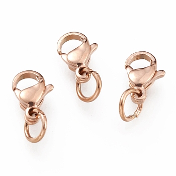 Ion Plating(IP) 304 Stainless Steel Lobster Claw Clasps, With Jump Ring, Rose Gold, 9x5.5x3.5mm, Hole: 3mm, Jump Ring: 5x0.6mm