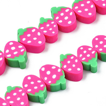 Handmade Polymer Clay Bead Strands, Strawberry Slice, Hot Pink, 9~13x6~10.5x4~4.5mm, Hole: 1.8mm, about 40pcs/strand, 11.02 inch~13.39 inch(28~34cm)