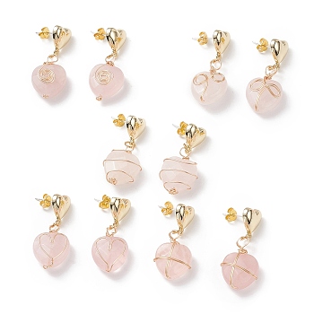 5 Pair 5 Style Natural Rose Quartz Heart Dangle Stud Earrings, Copper Wire Wrap Jewelry for Women, Golden, 36~38mm, Pin: 0.5mm, 1 Pair/style