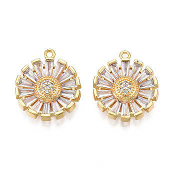 Brass Micro Pave Cubic Zirconia Pendants, Real 18K Gold Plated, Flower, Clear, 17x15x3.5mm, Hole: 1.2mm