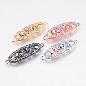 Brass Micro Pave Cubic Zirconia Links, Oval with Word Love, Colorful, Mixed Color, 32x10x2mm, Hole: 1.8mm