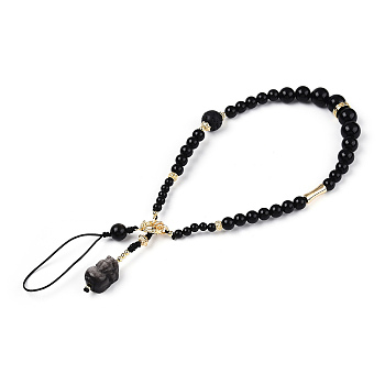Natural Gold Obsidian & Limestine & Obsidian & Black Agate & Brass Mobile Phone Straps, for His-and-Hers Nylon Cord Mobile Accessories Decoration, Black, 20~21cm, Beads: 3~11mm, Pi Xiu: 17.5x12x11mm, Ring: 10.5x4mm, Gasket: 9.5x3mm, Strip: 12.5x5mm