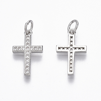 Brass Micro Pave Cubic Zirconia Charms, with Jump Ring, Nickel Free, Cross, Clear, Real Platinum Plated, 17x10.5x2mm, Hole: 3mm