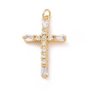 Brass Micro Pave Cubic Zirconia Pendants, with Jump Ring, Religion Cross Charm, Golden, 29.5x18.5x3.5mm, Hole: 3mm