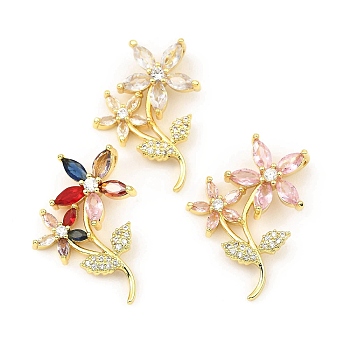 Rack Plating Real 18K Gold Plated Brass Pendants, with Cubic Zirconia, Long-Lasting Plated, Lead Free & Cadmium Free, Flower, Mixed Color, 29x20.5x5mm, Hole: 3.8x1.8mm