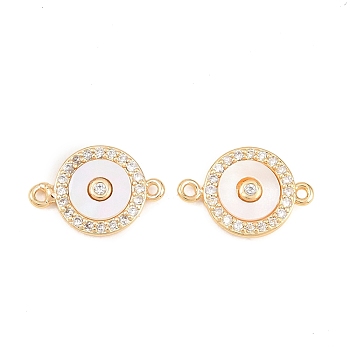 Brass Micro Pave Clear Cubic Zirconia & Natural Shell Links, Flat Round Connector Charms, White, Real 18K Gold Plated, 15x10.5x2mm, Hole: 1.1mm