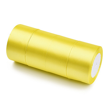 Single Face Satin Ribbon, Polyester Ribbon, Yellow, 2 inch(50mm), about 25yards/roll(22.86m/roll), 100yards/group(91.44m/group), 4rolls/group