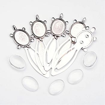 Bookmark Making Sets, with Alloy Cabochon Settings and Glass Cabochons, Oval, Cadmium Free & Nickel Free & Lead Free, Antique Silver, 94x27x3.5mm, Tray: 25x18mm
