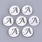 Natural Freshwater Shell Links Connectors, Flat Round with Letter, Letter.A, 14.5x1.5mm, Hole: 0.9mm(SHEL-S276-120A)