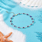 1Pc Brass & Handmade Lampwork Evil Eye Link Chain Anklets, Golden, Dark Blue, 9-3/8 inch(237mm)(AJEW-LP0007-66C)