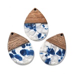 Resin and Walnut Pendants, Teardrop, Marine Blue, 36.5x24.5x2.5mm, Hole: 2mm(FIND-R051-15A)