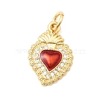 Brass Micro Pave Clear Cubic Zirconia Pendants, Red Sacred Heart Charms with Enamel, Long-Lasting Plated, Rack Plating, Lead Free & Cadmium Free, Real 16K Gold Plated, 16.5x11.5x3mm, Jump Ring: 4.5x1mm, Inner Diameter: 2mm(KK-H267-015G)