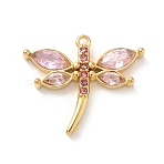 304 Stainless Steel Micro Pave Cubic Zirconia Pendants, Dragonfly Charms, Golden, Pink, 17x19.5x3.5mm, Hole: 1mm(STAS-F360-01G-01)