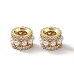 Rack Plating Brass Micro Pave Cubic Zirconia European Beads, with Plastic Imitation Pearl, Cadmium Free & Lead Free, Long-Lasting Plated, Large Hole Beads, Column, Real 18K Gold Plated, 9x5.5mm, Hole: 4mm(KK-P247-15G)