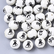 Christmas Opaque Glass Beads, Round with Electroplate Christmas Bell Pattern, Gunmetal Plated, 10mm, Hole: 1.2mm(EGLA-R113-06H)