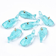 Transparent Epoxy Resin Pendants, with Golden Tone Metal Finding, Whale Shape, Pale Turquoise, 28x13~14x12mm, Hole: 1.4mm(KY-S163-135)