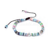 Nylon Thread Braided Beads Bracelets, with Polymer Clay Heishi Beads, 304 Stainless Steel and Alloy Beads, Cross, Colorful, 2-1/4 inch(5.7cm)(BJEW-JB04552-02)