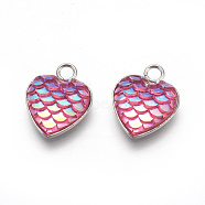 304 Stainless Steel Pendants, with Resin, Heart with Fish Scale Shape, Stainless Steel Color, Hot Pink, 16x13x3.5mm, Hole: 2mm(STAS-F184-B03)