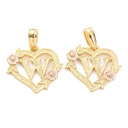 Real 18K Gold Plated Brass  Pendants, Heart with Alphabet, Letter.W, 18x20x3mm, Hole: 6.5x3mm(KK-J042-43G-W)
