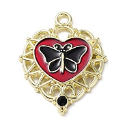Alloy Enamel Pendants, with Rhinestone, Heart with Butterfly Charm, Golden, 33.5x26x3mm, Hole: 2.8mm(ENAM-B058-01G-01)