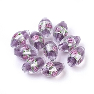 Handmade Silver Foil Glass Lampwork Beads, Oval with Flower, Medium Purple, 16~17x9~11mm, Hole: 1.5~2mm(LAMP-Q030-02D)