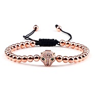 Adjustable Sweet and Cool Couples Brass Micro Pave Cubic Zirconia Leopard Braided Bead Bracelets for Women, Rose Gold(LY5940-4)