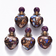 Heart Assembled Natural Bronzite and Synthetic Imperial Jasper Openable Perfume Bottle Pendants, with Brass Findings, Dyed, Plum, Capacity: 1ml(0.03 fl. oz), 37.5~38.5x22x13mm, Hole: 1.8mm(G-R484-01E)