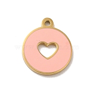 304 Stainless Steel Enamel Charms, Flat Round with Hollow Heart Charm, Real 14K Gold Plated, Misty Rose, 12x10x1mm, Hole: 1mm(STAS-B074-03G-04)