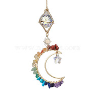 Natural & Synthetic Gemstone Chip Pendant Decorations with Brass Moon & Cable Chain, Faceted Round Glass Crystal Ball & Star Prism Suncatchers, 280mm(HJEW-JM01646)