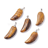 Natural Tiger Eye Pendants, with Platinum Plated Brass Loops, Wing, 36x15~16.6x6.5~7.7mm, Hole: 5x4mm(G-I314-01P-11)