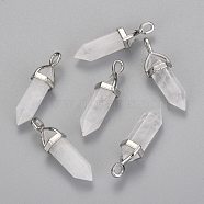 Natural Quartz Crystal Double Terminated Pointed Pendants, Rock Crystal, with Random Alloy Pendant Hexagon Bead Cap Bails, Bullet, Platinum, 36~45x12mm, Hole: 3x5mm, Gemstone: 10mm in diameter(X-G-F295-04G)