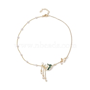 Alloy Enamel Flower & Brass Butterfly Pendant Necklace, ABS Plastic Imitation Pearl Beaded Chains Necklace for Women, Golden, 17.44 inch(44.3cm)(NJEW-JN04267)