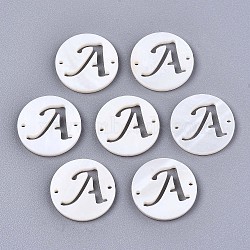 Natural Freshwater Shell Links Connectors, Flat Round with Letter, Letter.A, 14.5x1.5mm, Hole: 0.9mm(SHEL-S276-120A)