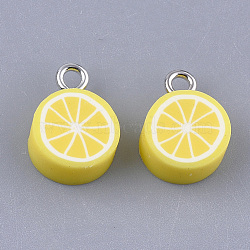 Handmade Polymer Clay Charms, with Iron Findings, Lemon, Platinum, Yellow, 14~15x10x5mm, Hole: 1.8mm(X-CLAY-S091-101)