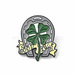 St. Patrick's Day Enamel Pins, Alloy Brooches for Backpack Clothes, Flower with Word Good Luck, 29.5x25.5mm(JEWB-R066-01EB-02)