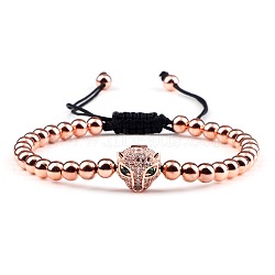 Adjustable Sweet and Cool Couples Brass Micro Pave Cubic Zirconia Leopard Braided Bead Bracelets for Women, Rose Gold(LY5940-4)