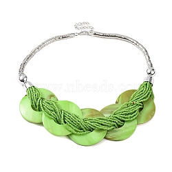 Spray Painted Disc Freshwater Shell & Acrylic Beaed Bib Necklaces, Light Green, 19.29 inch(49~50cm), 49.5mm(NJEW-S427-01P-02)