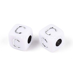 Opaque Acrylic Beads, Cube with Letter, Silver Metal Enlaced, Letter C, 9~10x9~10x9~10mm, Hole: 4mm, about 625pcs/500g(SACR-T035-03C)
