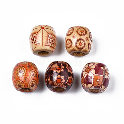 Printed Natural Wood Beads, Large Hole Beads, Barrel with Mixed Patterns, Mixed Color, 18x17mm, Hole: 7mm, about 310pcs/500g(WOOD-S053-65)