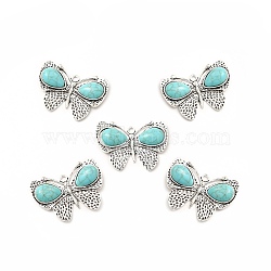Synthetic Turquoise Dyed Pendants, with Alloy Findings, Butterfly Charms, Antique Silver, 36x49.5x6mm, Hole: 3mm(FIND-H042-01AS)