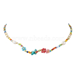Flower Glass Seed & Pearl Beaded Necklaces, with Synthetic Turquoise Chip, 14.57 inch(37cm)(NJEW-JN04677-02)