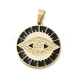 304 Stainless Steel Charms, with Rhinestone and Enamel, Real 18K Gold Plated, Black, Evil Eye, 27.5x24.5x2mm, Hole: 6.5x4mm(STAS-M341-02G-07)