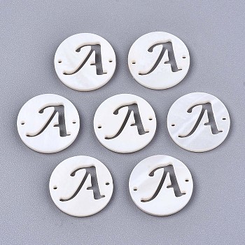 Natural Freshwater Shell Links Connectors, Flat Round with Letter, Letter.A, 14.5x1.5mm, Hole: 0.9mm